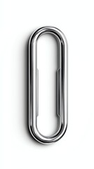 A paperclip with a shiny finish, ultrarealistic, silver, isolated on white background