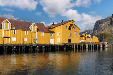 The harbor of Nusfjord, Norway, a traditional fishing village on Lofoten island chain archipelago...