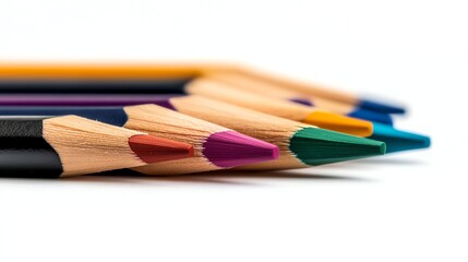 A set of colored pencils neatly arranged, photorealistic, vibrant colors, isolated on white background