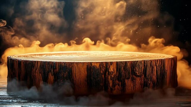 Mesmerizing wooden stump surrounded by swirling mist and fire elements
