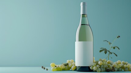 Fototapeta premium Elegant wine bottle with blank label surrounded by fresh green grapes on a soft blue background