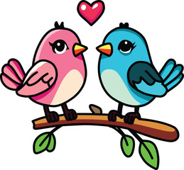 Cute couple of birds on a branch with hearts. Vector illustration.