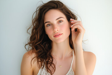 Fototapeta premium Natural Beauty Portrait of a Young Woman with Curly Hair, Freckles, and a Graceful Expression in Soft Light
