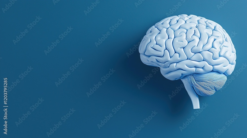 Poster a 3d-rendered blue brain model on a teal background, emphasizing the intricate details of its struct