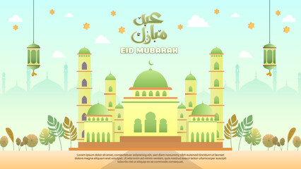 Fototapeta premium Ramadan Kareem design for banners, posters, greeting cards, and covers, featuring a mosque and Arabic typography in a flat gradient style.