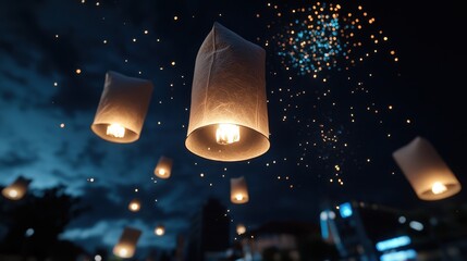 Obraz premium Serene Night Sky with Bright Floating Lanterns and Sparkling Stars