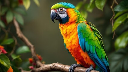 Obraz premium Close-up of a colorful parrot perched on a branch with a blurred foliage background