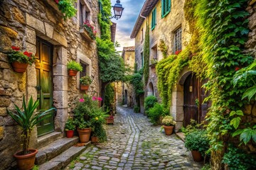 Fototapeta premium Macro Photography: Medieval City, Winding Streets, Ancient Houses, Architectural Detail, Stone Textures