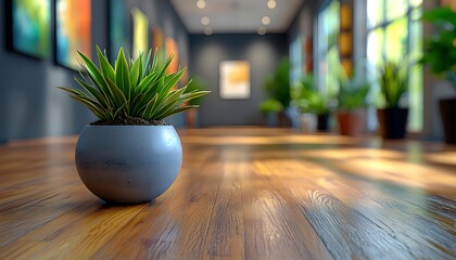 Fototapeta premium Modern Indoor Plant in Decorative Pot on Wooden Floor with Gallery Walls, Bright Natural Light, and Artistic Atmosphere for Interior Design Inspiration