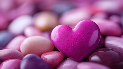 Obraz premium Glossy pink heart surrounded by colorful candy stones.