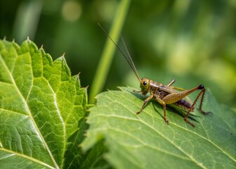 Fototapeta premium Macro Photography: Tiny Cricket on Lush Green Leaf - Nature Stock Photo