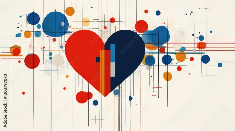 Poster abstract heart design with colorful circles and lines on a light background, suitable for digital ar
