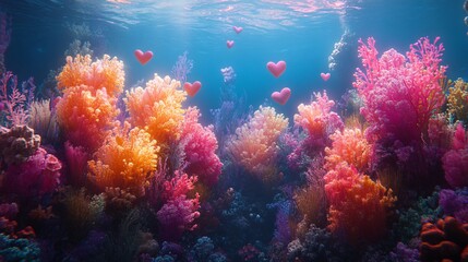 Fototapeta premium A fantastical coral reef glowing with vibrant underwater flowers shaped like hearts and radiant pastel plants