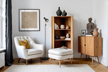 Calm and cozy corner with an armchair, cabinet, sculptural objects, and minimal art frame.