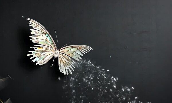 Digital butterfly with fragmented, pixelated wings on a dark black background. Ai art concept. Copy space for text motion background