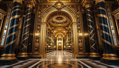 Fototapeta premium Grand Gold Palace Hall Marble Floor Black Columns Elegant Decor