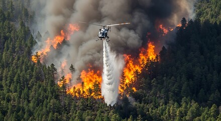 Fire fighting helicopter carry water bucket to extinguish the forest fire generative ai