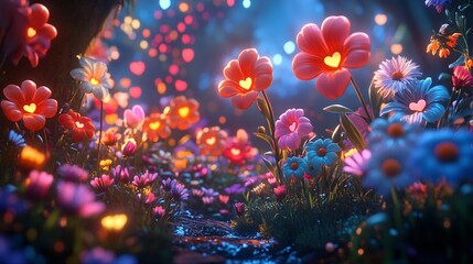 Fototapeta premium A vibrant garden glowing with radiant candy-colored flowers and oversized heart-shaped petals scattered throughout