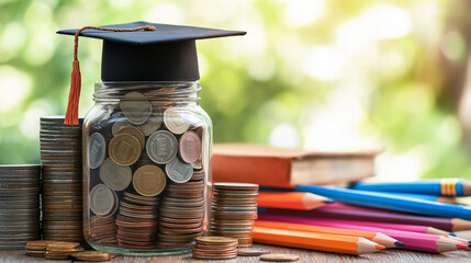 coins in a jar as fund for education concept