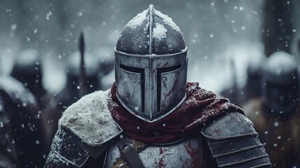 Portrait of a medieval warrior wearing fur and metal armor standing in snowfall