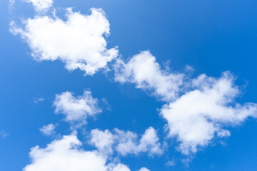 Low angle view and full frame of beautiful blue sky with strange shape of fluffy white clouds in the morning or evening in sunny day used as natural background texture in decorative art work