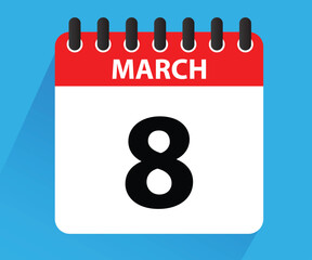 March 8. Calendar icon. flat style, Womens Day, red letter day.Calendar for 2025 year. Holidays in March. Vector illustration