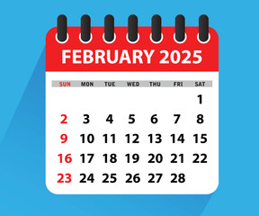February 2025 Calendar Leaf. Calendar 2025 in flat style. February 2025 Calendar. Week starts on Sunday. Blank Calendar Template. Stationery Design. Vector Illustration