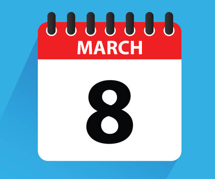 March 8. Calendar icon. flat style, Womens Day, red letter day.Calendar for 2025 year. Holidays in March. Vector illustration