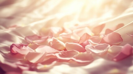 Delicate rose petals on silk, bathed in soft morning light, evoking a dreamy, romantic ambiance.