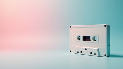 Obraz premium A Blank White Audio Cassette Tape on a Pastel Background Featuring a Soft Gradient of Pink and Teal Hues