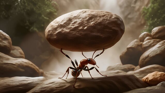 The insect impresses with its extraordinary strength capabilities. An ant clutching a large rock above its body, demonstrating its incredible strength and determination.