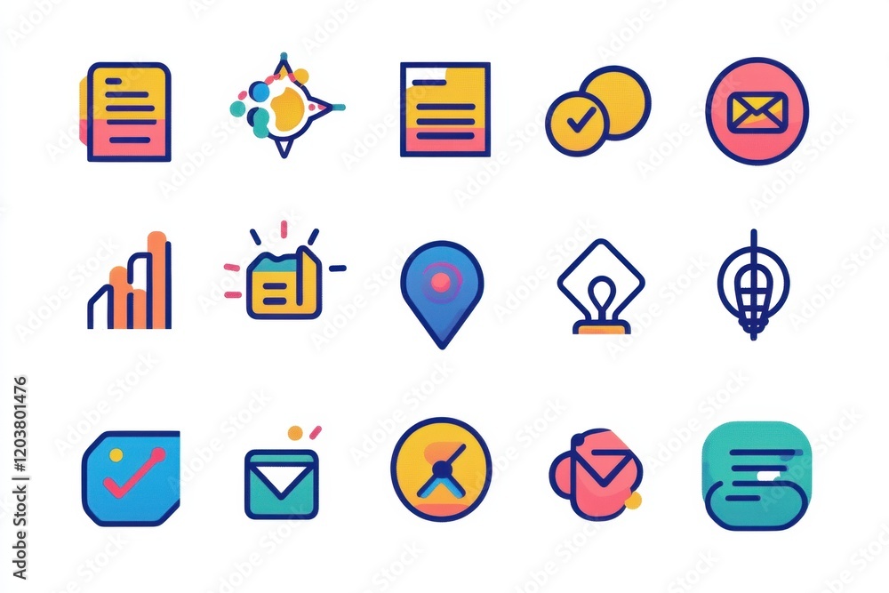 Poster collection of colorful icons representing communication, business tools, and data presentation for m