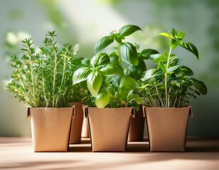 Fototapeta premium fresh herbs growing in sustainable cardboard pots promoting eco friendly gardening