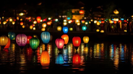 A lantern-lit night scene in the ancient town of Hoi An with reflections shimmering on the Thu Bon River.