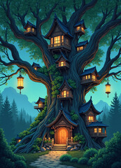 Fototapeta premium tree, lantern, treehouse, sfw, original, night, no human, lanterns, mountain, scenery, nature, outdoors, forest, house