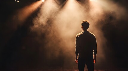 A professional actor on a theater stage delivering a dramatic monologue under a spotlight.