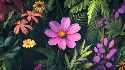 Obraz premium Vibrant pink cosmos flower amidst lush green foliage