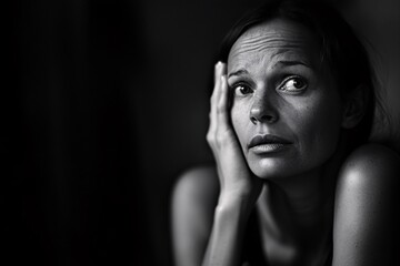 Obraz premium Black and White Portrait of a Middle-Aged Woman Resting Her Head on Her Hand, Looking Tired