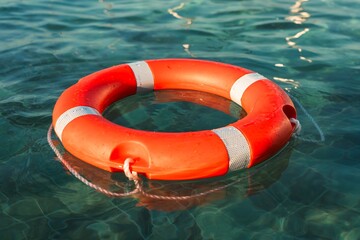 Lifebuoy floats on clear water under sunlight at a tranquil beach in the afternoon