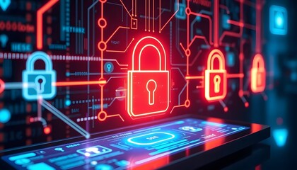 Obraz premium A futuristic depiction of a secure digital payment system, with glowing padlocks, encrypted data streams, and secure connections on the screen