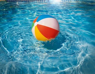 summer holidays background with colorful beach ball with water splash floating on swimming pool and copy space