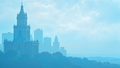 Obraz premium Misty silhouette of a historic building against a blue foggy skyline, serene atmosphere, copy space 