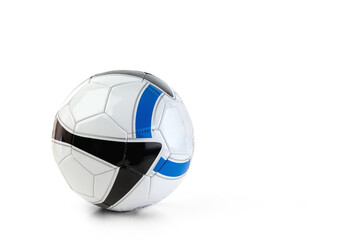 Modern soccer ball featuring blue and black accents shot against a plain white background.