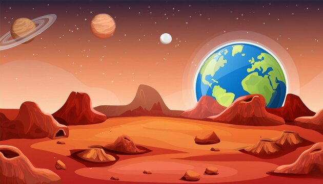 mars surface alien planet landscape with mountains stars saturn earth in sky  cartoon illustration  mars fantastic