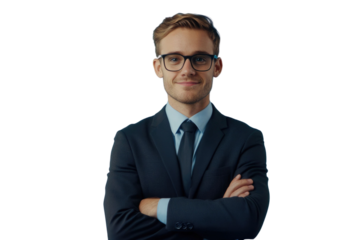 Business man in glasses and formal clothes looking at viewer with confidence and friendly smile, standing with arms crossed, isolated on blue background