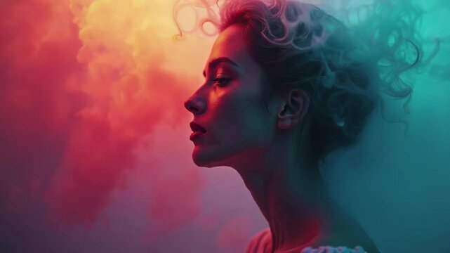 Illustration of dreamlike portrait of woman with colorful smoke swirls, abstract art concept
