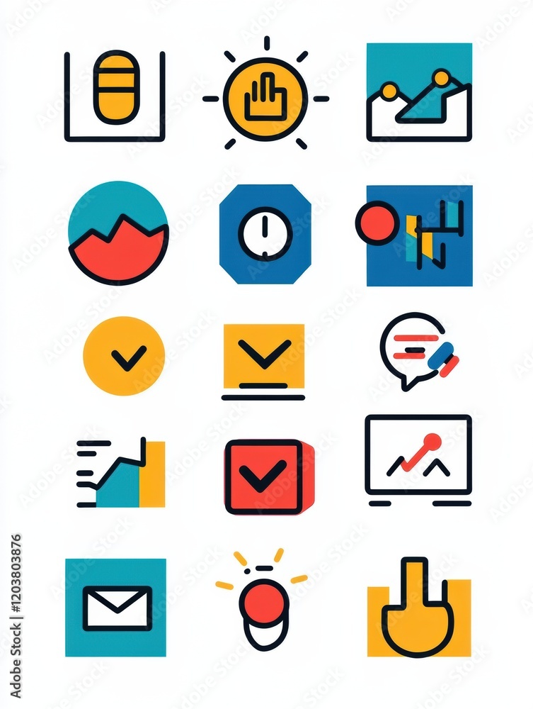 Poster colorful icons representing business concepts and teamwork displayed in a grid layout on a light bac