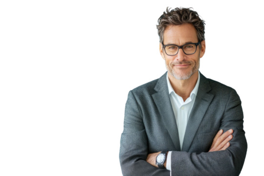 Business man in glasses and formal clothes looking at viewer with confidence and friendly smile, standing with arms crossed, isolated on blue background	