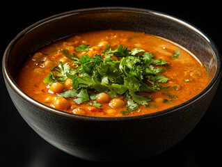 A rustic bowl of chickpea curry, served with naan bread on the side