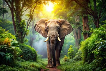 Fototapeta premium Majestic African Forest Elephant in Lush Green Habitat - Wildlife Conservation Stock Photo